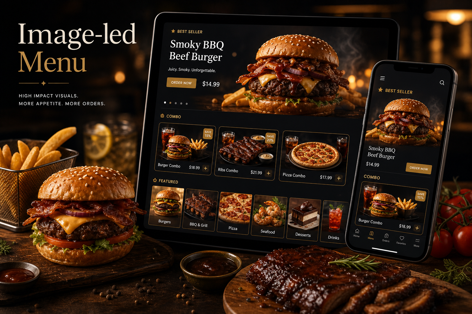 Image-led Smart Menu preview with large food imagery and combo promotions