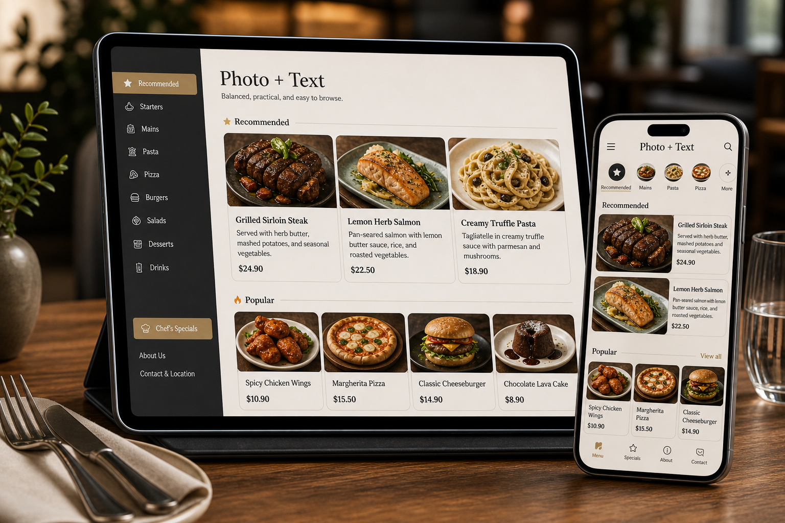 Photo and text Smart Menu preview with food cards and recommendations