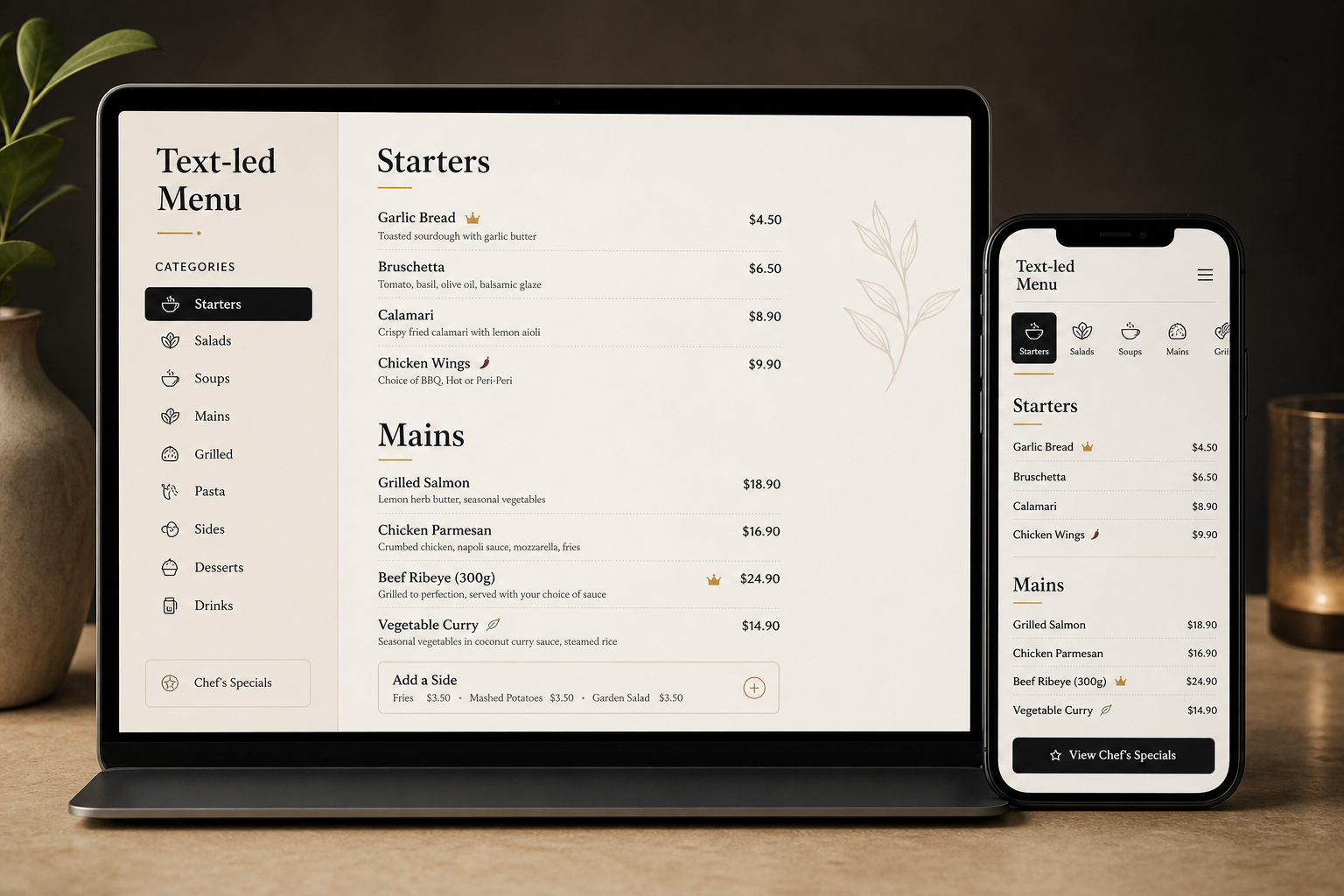 Text-led Smart Menu preview with clear categories and prices