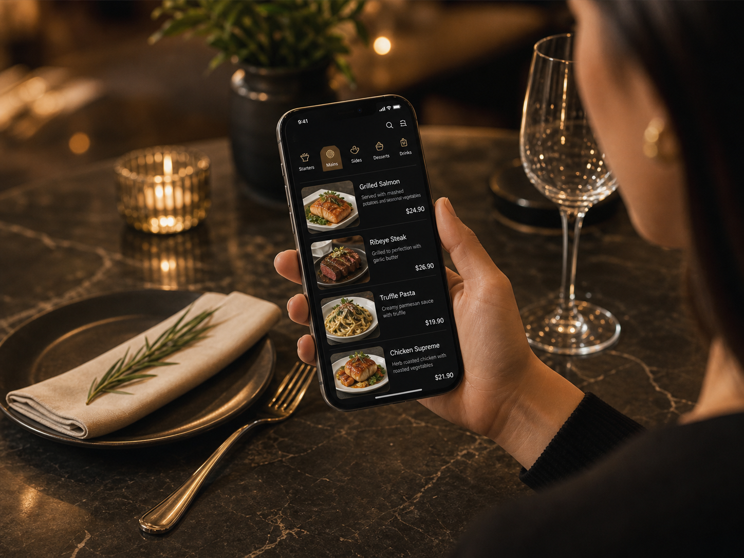 Guest browsing a Smart Menu on their own phone at a clean restaurant table