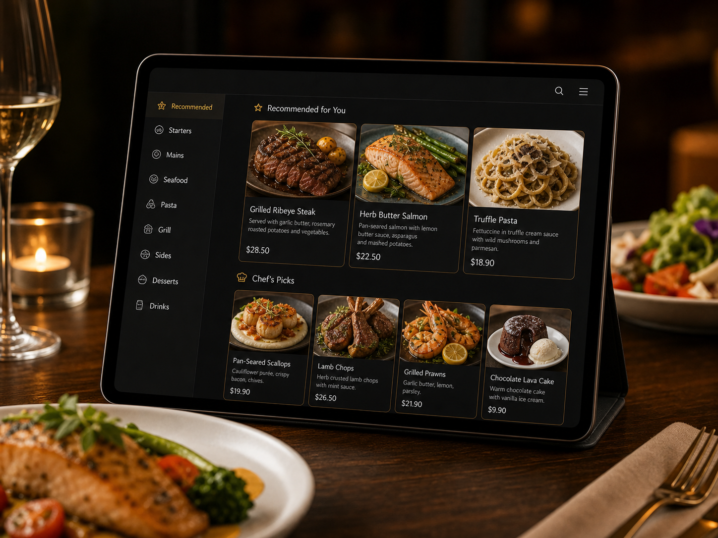 Premium Smart Menu interface with dish photos and prices