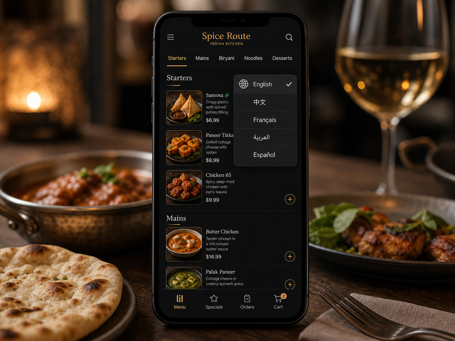 Smart Menu language selector on a phone