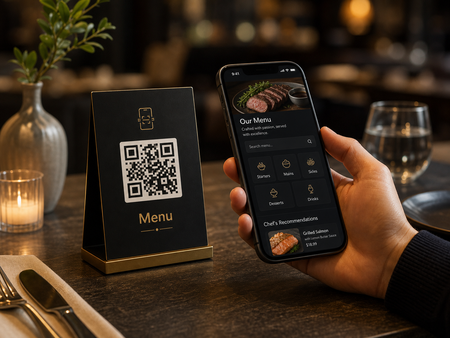 Premium QR table stand with phone opening a Smart Menu