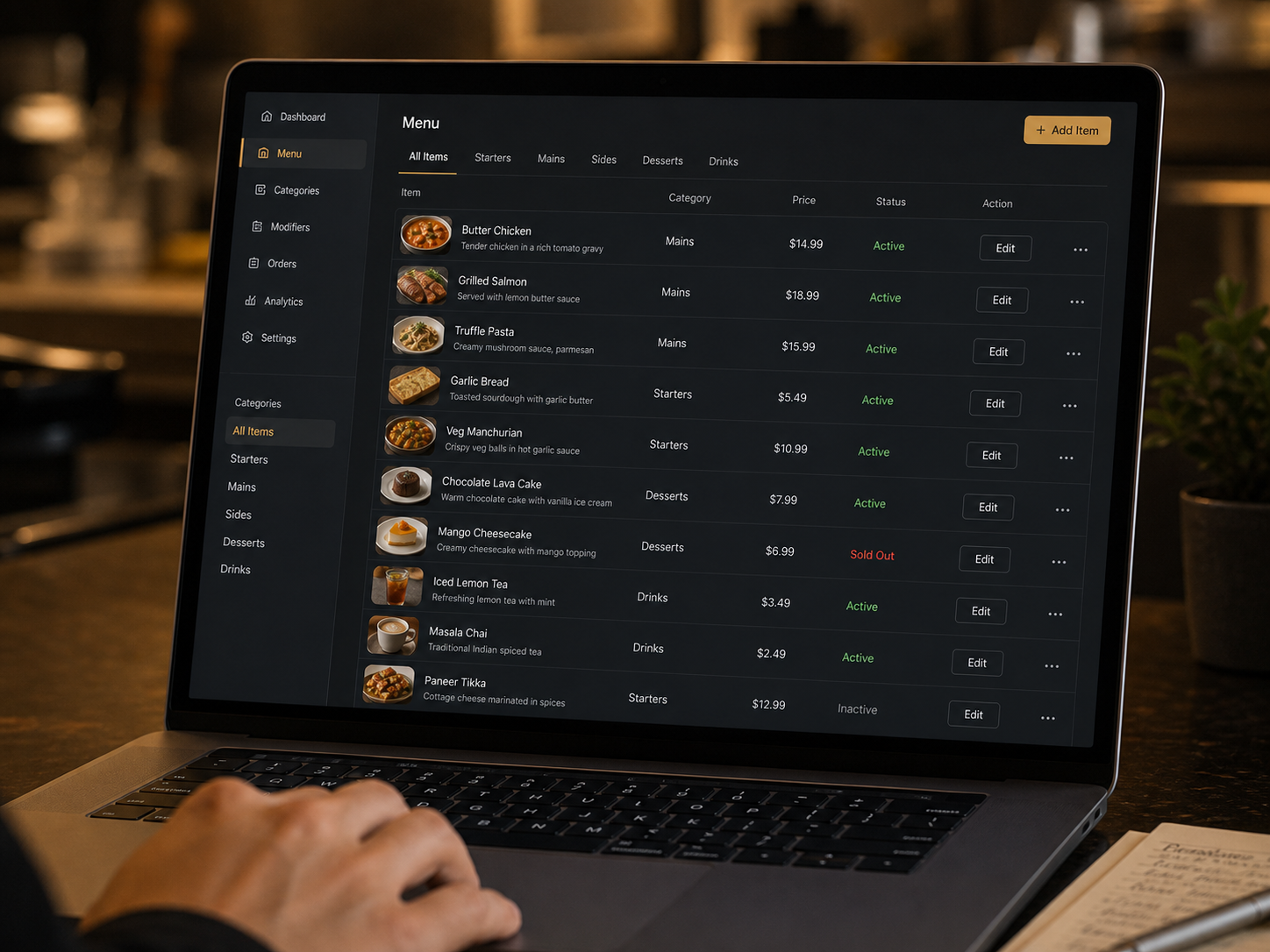 Menu management dashboard on a laptop