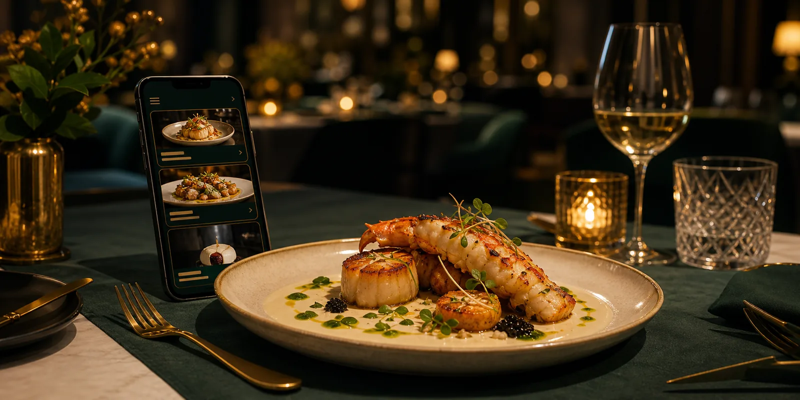 Premium plated dish beside a phone showing a smart menu