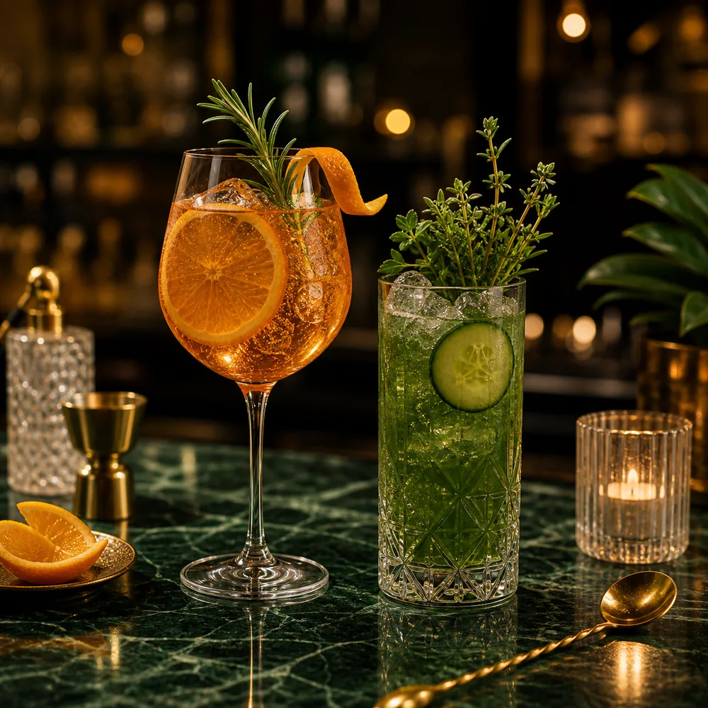 Premium signature cocktails on a dark green bar