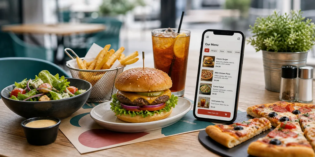 Urban Plate fictional casual restaurant table with a phone smart menu